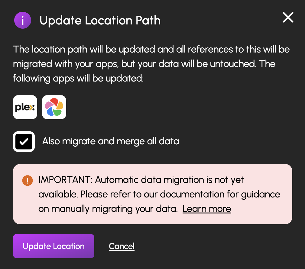 Migration warning dialog